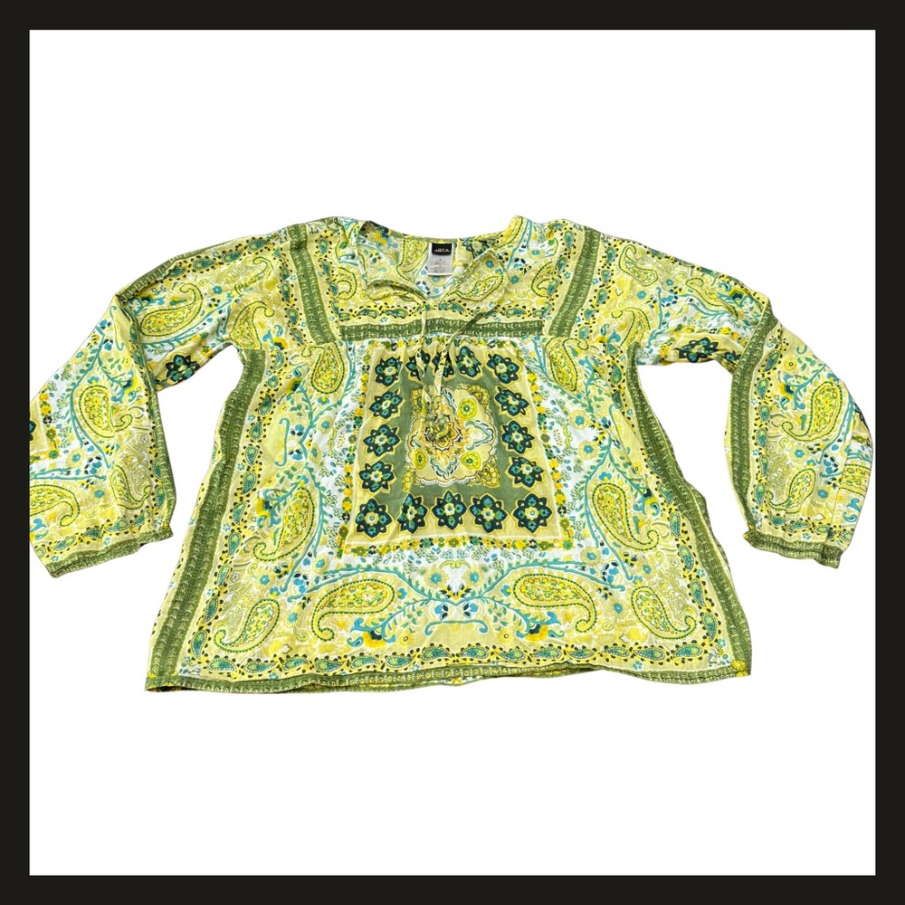 Bila Boho Peasant Top Women’s Medium Paisley Floral Green Yellow 100% Cotton EUC